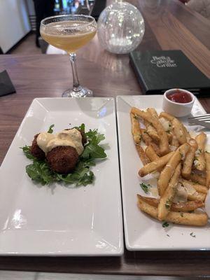 Parmesan truffle fries, and salmon croquettes