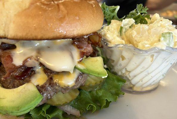 Avocado Cheeseburger with a side of potato salad!