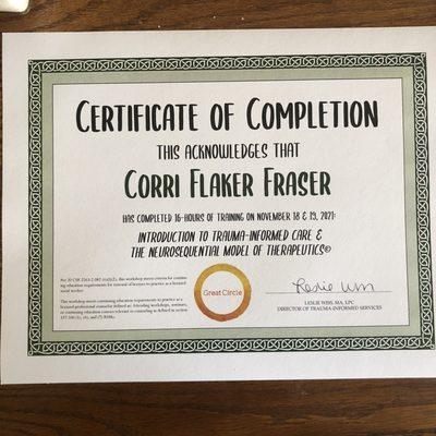 My Trauma Informed certificate from Great Circle.