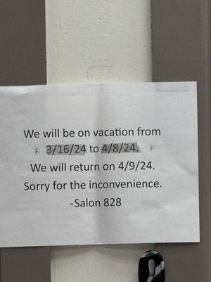 3 weeks vacation in March 16, 2024. Return on April 9,2024