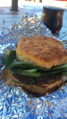 Sausage, egg white, spinach, onion and American cheese biscuit.