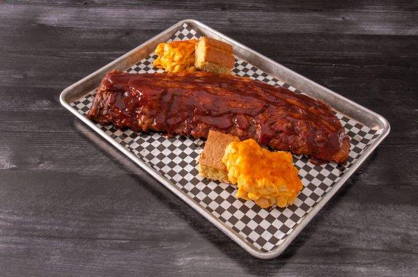 Full Rack of BBQ Ribs with Cornbread and Mac and Cheese.