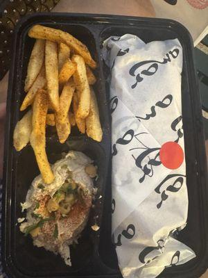 Chicken shawarma wrap with fries and hummus