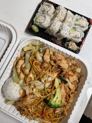 California Roll and Chicken Yakisoba