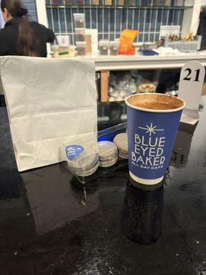 Blueberry macarons and a hot chai