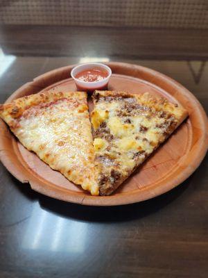2 slice special. 1 cheese and 1 cheesy mashed potatoes with gravy and steak