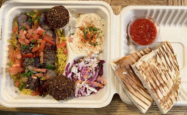 Sirloin skewer plate, with two falafel