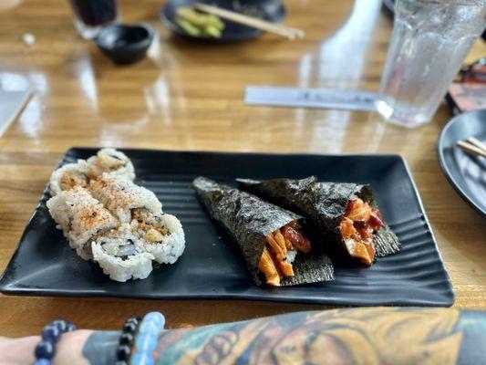 Spicy octopus hand rolls & spicy scallop roll