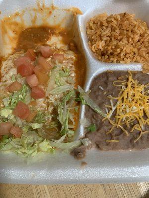 Cheese Enchiladas with green chile, beans & rice.