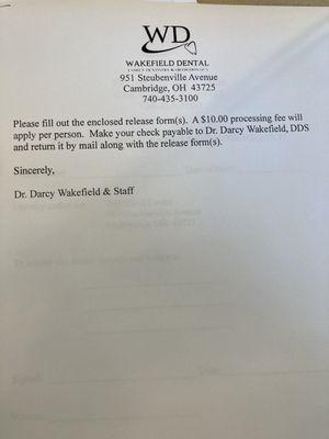 Wakefield Dental policy for sending dental records