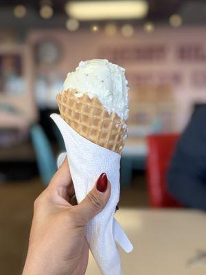Pistachio, coconut, waffle cone