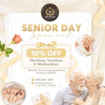 SENIOR DAY SPECIAL
We believe everyone deserves a little pampering, especially our wonderful seniors!
Enjoy 10% OFF For SENI