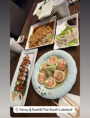 Naruto maki, Oceanside, chicken pot, Thai extra sauce, and steamed dumplings