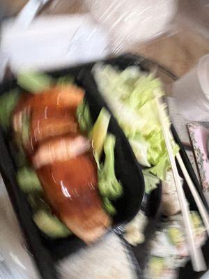 Salmon lunch special... out of focus but it was good. 3 piece of cali and only a few shumai but veggies and salad was a nice touch.