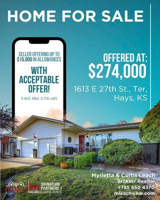 1613 E 27th Street Ter, Hays, KS
5 Bd| 3Ba| 3,176 sqft
PRICE: $274,000
.call Keller Williams Realty today at 785.650 4370