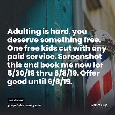 Book me and redeem this offer by showing this promo pic. Book me at http://guapofades.booksy.com