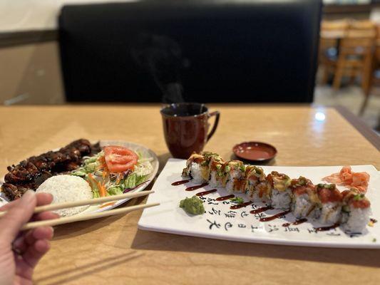 Chicken Teriyaki with Dancing Sushi Roll and a nice hot cup of green tea.
