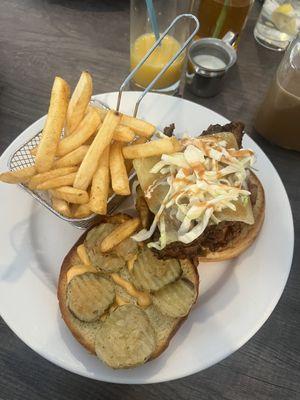 Hot honey chicken sandwich with fries