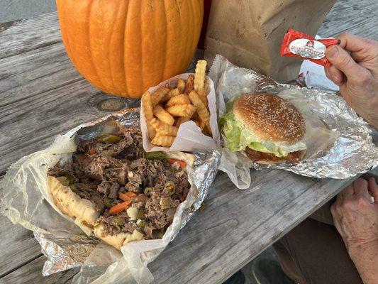Italian Beef-sausage combo, fish sandwich and fries.