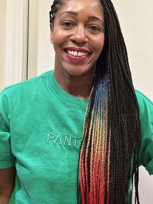 Small braids, waist length.