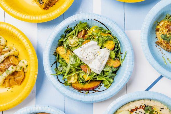 PEACH + BURRATA CAPRESE
heirloom tomatoes, peaches + arugula