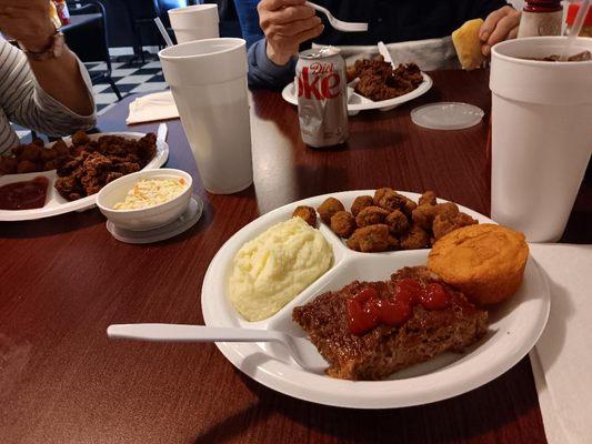 Mayberry Diner meat & 2: Meatloaf, mashed potatos, fried okra cornbread and sweet tea.