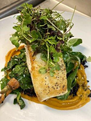 Sage Restaurant at the McCloud Hotel. Pan-seared, wild caught halibut, roasted carrots, chard, and coconut black rice.