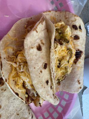 Breakfast tacos (egg, bacon, potato, beans)