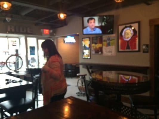 Nice bicycle themed bar with a great view of Cedar Lake.