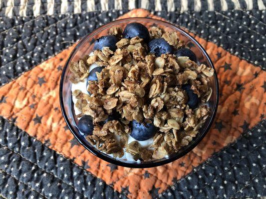 Yogurt with granola and blueberries