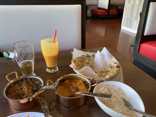 Butter chicken, Matar Masala, Garlic Naan, Mango Lassi and Indian beer