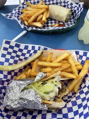 Chicken Caesar Wrap and a Traditional Gyro with French Fries