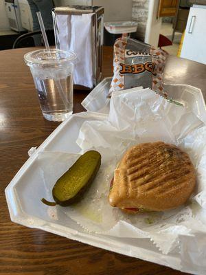 My Turkey panini, chips, and pickle lunch
