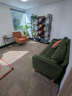 A comfy room full of natural light, plants, books, and fidgets.