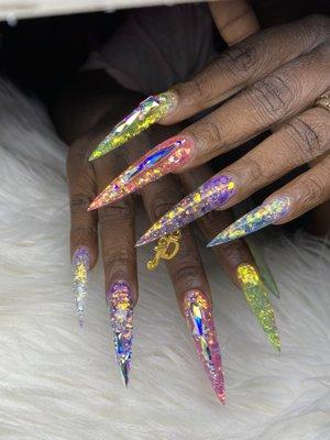 These are extendo nails! 2 inch long fully encapsulated glitter acrylic nails!