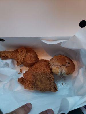 Drumstick and thigh. Blueberry biscuit