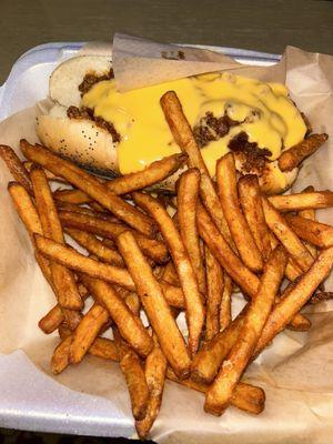 Chili and cheese hotdog with french fries
