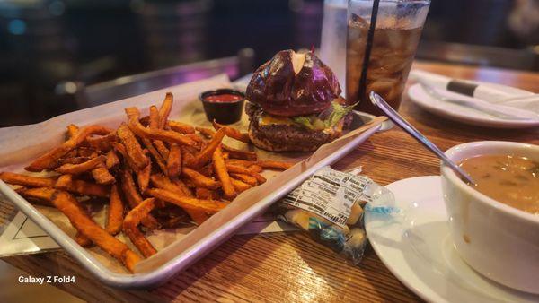 Classic with cheddar, sweet potato fries, and chicken tortilla soup