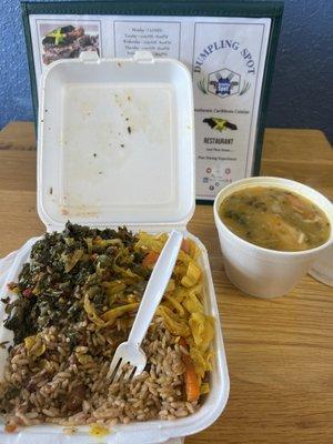 White Rice and Peas, Cabbage, callaloo, and boiled dumpling with a side of vegetable soup.