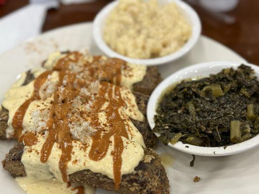 Deep fried bbq ribs. Collard greens and Mac n cheese