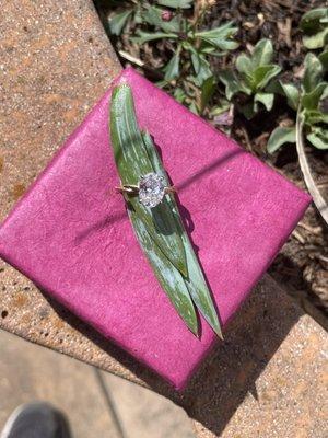 Hand fabricated gold twist ring and oval diamond engagement ring.