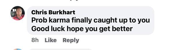 Owner posted this comment saying it was Karma that this woman was suffering from Covid. He's disgusting