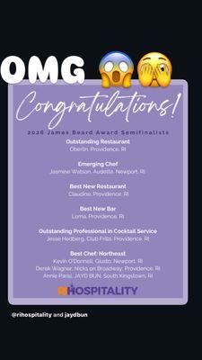 We can't believe we have made the James Beard list to be recognized and a finalist ! Just WOW