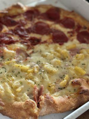 Half Pepperoni, half Hawaiian