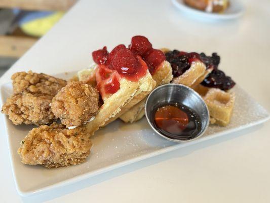 Chicken and Waffles $19.99 In house made waffles with tofu chik'n with maple syrup, strawberry & blueberry syrup