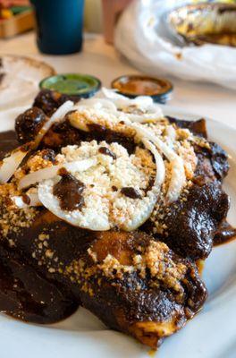 Mole Enchiladas, with Chicken: $15.60 ($16.95 with tax). Take-out.