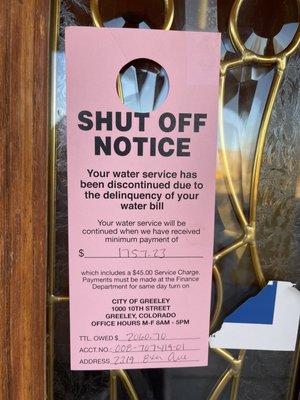 Shut off notice