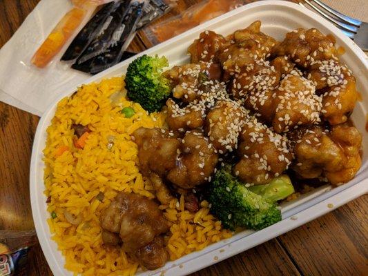 Sesame Chicken Combo platter with Pork Fried Rice. Nice big portion!