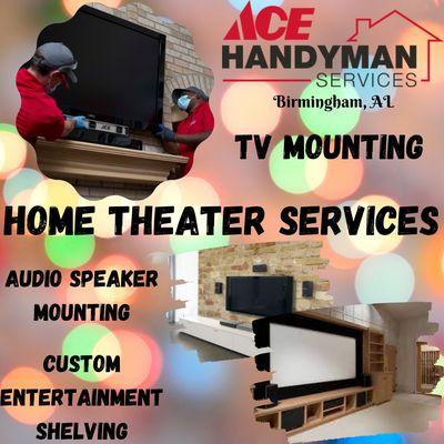 TV mounting, custom entertainment center shelving, audio speaker mounting