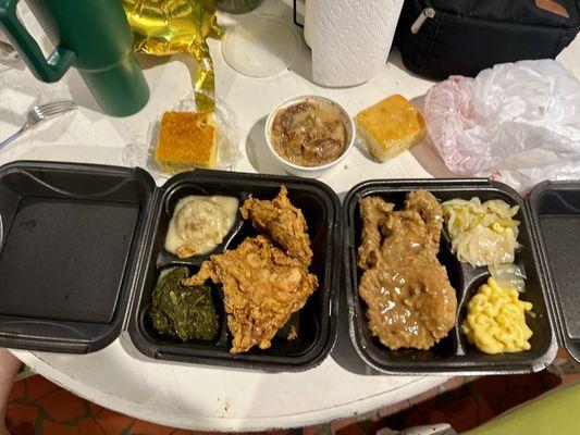 Fried chicken, dressing and greens otl. Smothered pork chops, cabbage and Mac & cheese otl. Butter roll and corn bread for attention.